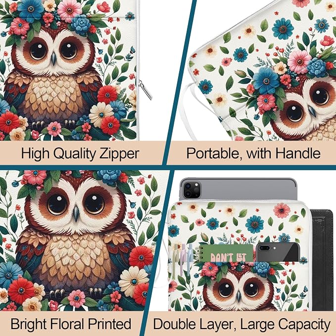 Owls Book Sleeve Book Pouch, PU Leather Waterproof Kindle Pouch, Cute Book Protector Case with Zipper, 12.6"x 9.4" Print Portable Book Cover Bag for Book Lovers Gifts Paperbacks Bibles