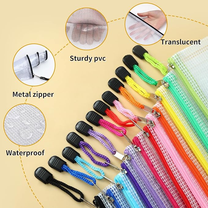 EOOUT 36pcs Pencil Pouch, Mesh Zipper Pouch Zipper Bags, 6x9 Inches Large Storage Bags for Organizing, 12 Colors Puzzle Bag Zipper File Bags for Office Supplies