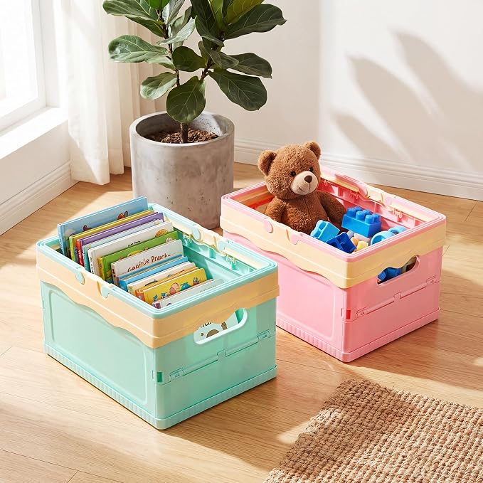 2 Pcs Pastel Plastic Collapsible Storage Crates with Lids and Handle Collapsible Picnic Basket Stackable Storage Bins Cute Foldable Container for Home Kitchen Office Bathroom(Pink,Blue)