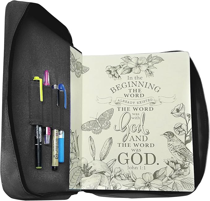 Armor of God Bible Cover & Book Cover | Oxford Cloth with Handle & Cross Emblem Zipper-Pull | 4 Pen Loops Inside Cover | Outside Pocket | Black & Lavender | Large & XL