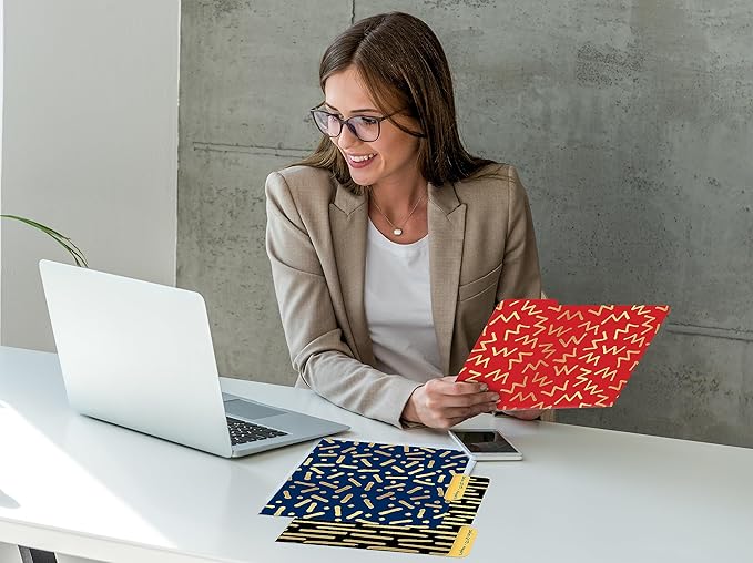 Better Office Products Decorative File Folders with Gold Foil, 18 Pack, 9 Geometric Designs, Red/Black/Blue Color Theme, Heavyweight, Letter Size (9.5" x 11.5") with 1/3 Cut Tab, Fashion Folders