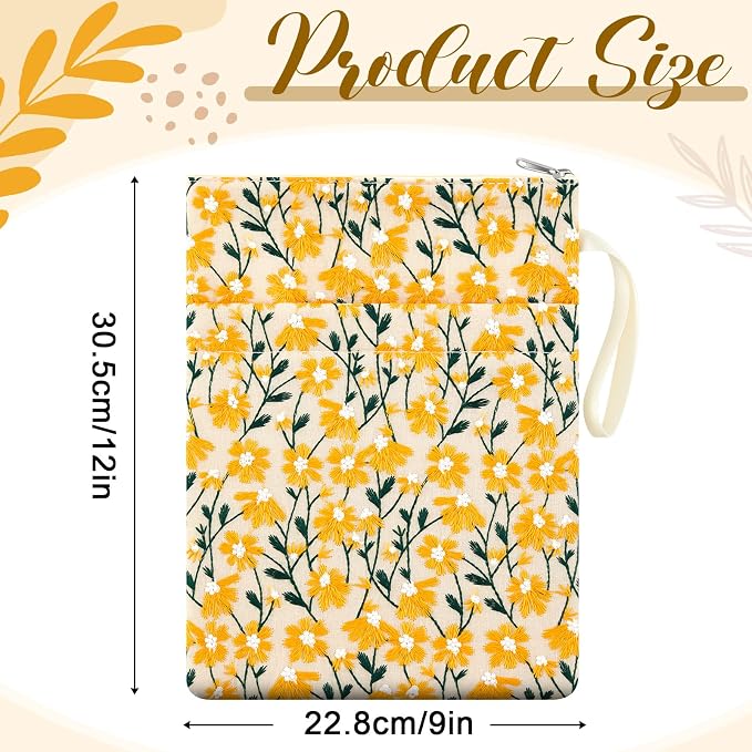 12''x9'' Daisy Embroidered Book Sleeve with Cotton Lining with Handle and Zipper Book Protector for Paperback and Hardcover, Christmas Ideal Gift Book Sleeve Pouch for Book Lovers(Yellow)