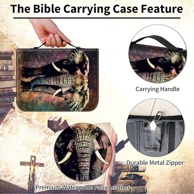 Bible Cover for Men Women,Large Leather Bible Case Fit Book Up to 11x8x2 Inch,Elephant Art Bible Covers Bible Study Carrier Church Bags w/Handle & Zipper
