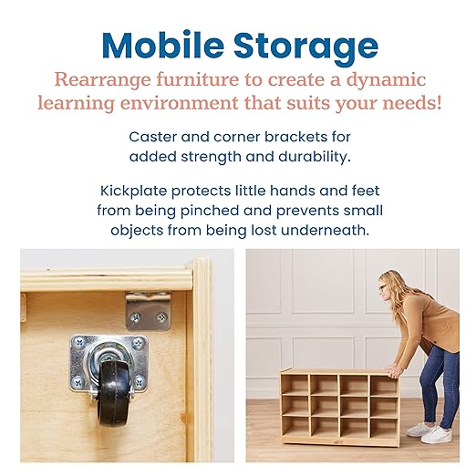 ECR4Kids 12 Cubby Mobile Tray Cabinet and 15 Scoop Front Bins, 3x4, Kids Furniture, Contemporary