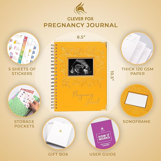 Clever Fox Pregnancy Journal & Memory Book - Pregnancy Planner & Notebook for Expecting Moms – Baby Keepsake, First Time Moms Gift (Amber Yellow, 9" x 10.5" SonoFrame Edition)