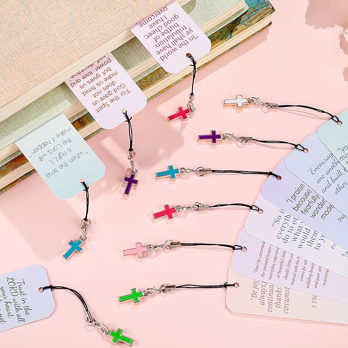 24 Pcs Bible Verses Bookmark with Cross Pendants Christian Bookmarks for Women Inspirational Scripture Book Marks Positive Flower Marker Motivational Religious Gifts for Church Reading Supplies