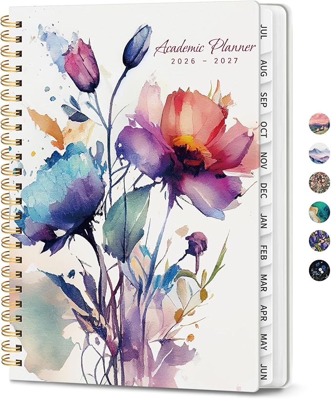 Planner 2026-2027, Monthly and Weekly Academic Planner July 2026 - June 2027, Hardcover Student Teacher Planning Agenda Calendar Book with Tabs, Perfect for Office School Supplies, A5 (6.3" x 8.5") - Painted Bloom