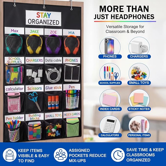 AmazingSpark 16 Pockets Classroom Headphone Storage Thickened Non-woven Fabric Mesh Pocket Chart over The Door Hanging Cell Phone Organizer with Signed Card for Back to School Library Classroom,Black