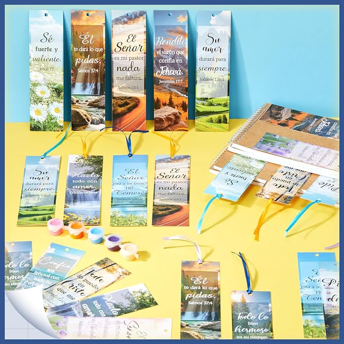 AmazingSpark 120 Pcs Spanish Bible Verse Bookmarks Christian Separadores De Biblia En Español Landscape Spanish Religious Inspirational Bookmarks with Rope for Book Lover Church Prayer Religious Gift