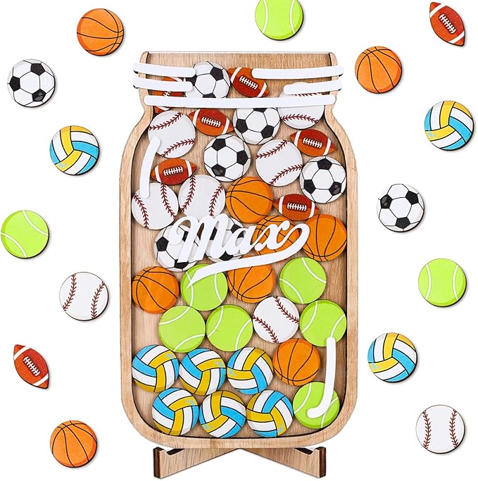 JarThenaAMCS Sport Wooden Reward Jar Wooden Sports Ball Baseball Cutouts Positive Incentive Behavior Chart with Base Management Tools for Back to School Student Teacher Classroom Supplies, 38Pcs