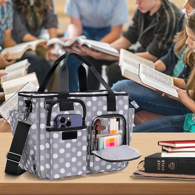 LUXJA Large Bible Bag with Water Bottle Pocket and Shoulder Strap, Bible Tote Bag for Women with Multiple Pockets (Bag Only), Polka Dots