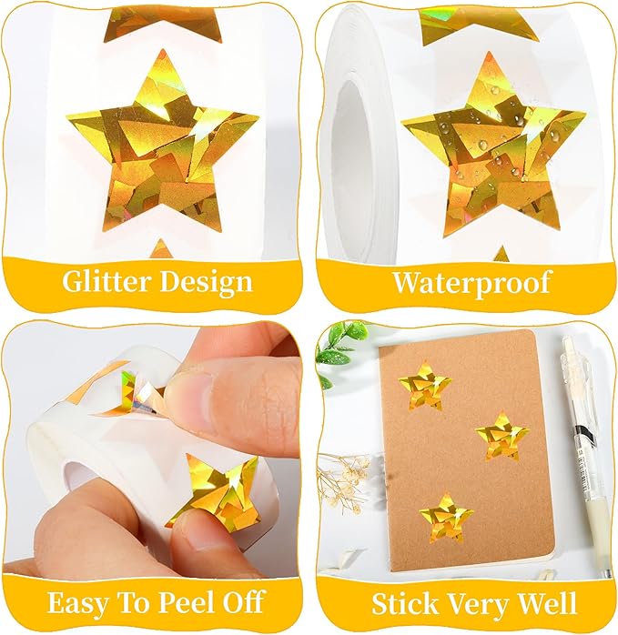 500Pcs 1" Holographic Gold Star Stickers, Large Self-Adhesive Glitter Foil Reward Stickers for Kids, Ideal for Behavior Charts, Student Planners, Teacher Supplies & School Classroom Use