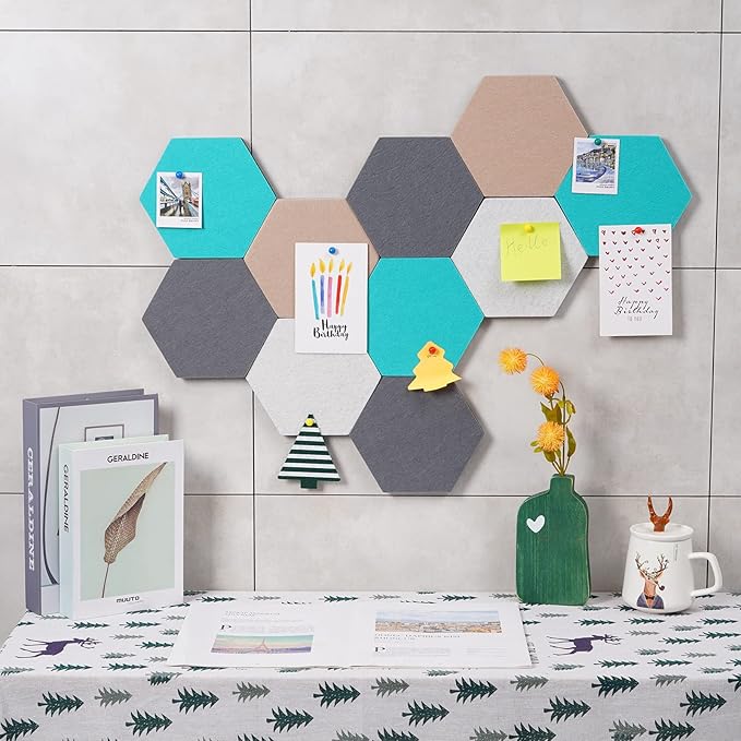 10Pcs Self Adhesive Felt Board Tiles Hexagon Bulletin Board for Walls, Felt Cork Pin Board for Pictures Photos Memos with Push Pins (Color D)