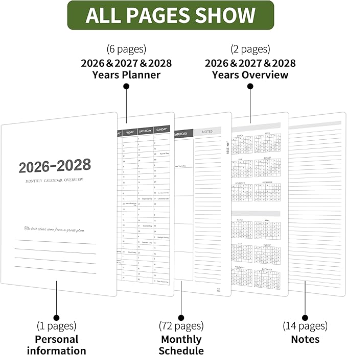 2026-2028 Monthly Planner - 3 Year Monthly Planner 2026-2028, Jan. 2026 - Dec. 2028, 8.5" x 11", 36 Months Calendar Planner with Spiral Bound, Notes Pages, Perfect for School & Office for Women & Men - Green