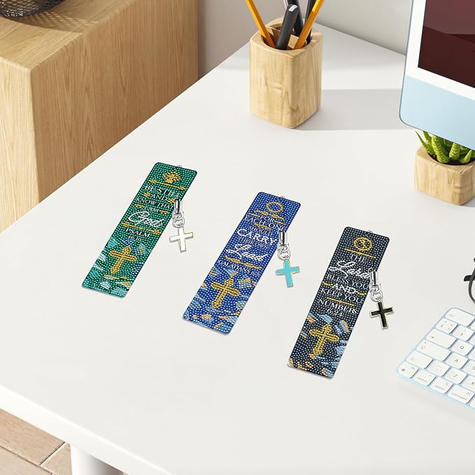Christian Bible Diamond Art Bookmarks: 6 Pcs Bible Verse Diamond Painting Book Marks with Cross Pendant, Inspirational Religious Bookmark for Reading, DIY Crafts with Accessaries