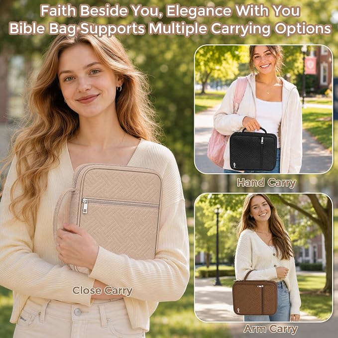 XKDOUS Bible Cover Case for Women, Large Bible Cover with Durable Handle, Washable Quilted Bible Case, Bible Study Supplies & Christian Gifts for Mom, Women, Men (Khaki)