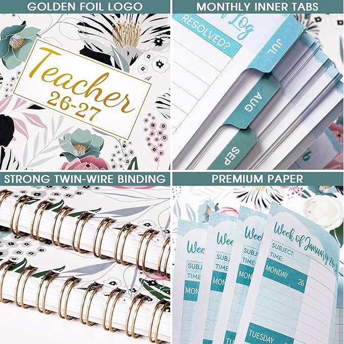 Teacher Planner 2026-2027 - 2026-2027 Weekly & Monthly Lesson Plan Book with Colorful Tabs, July 2026 - June 2027, 8.3" x 11", Academic Planner 2026-2027 with Twin-Wire Binding and Quotes for Teachers - Petunia