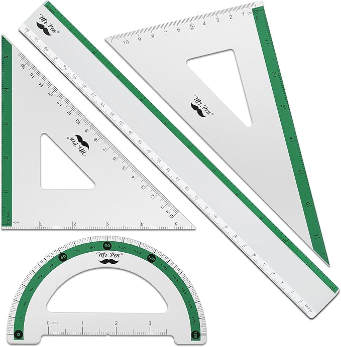 Mr. Pen- Metal Geometry Kit, 4 Pack, 45° & 30°/60° Set Squares, 6" Protractor & 12" Ruler, Durable Metal Drafting Tools for Technical Drawing, Math, Engineering & Architecture