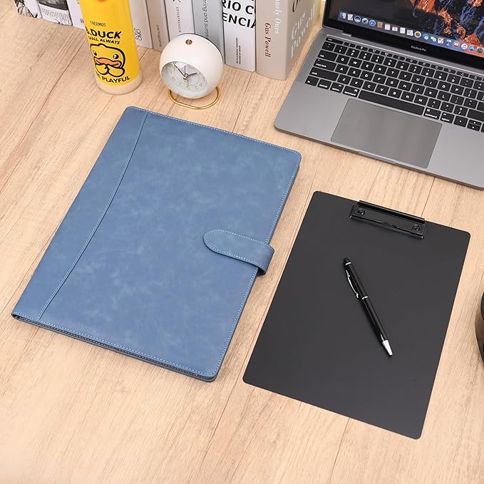 Wason Portfolio Padfolio A4 Leather PU Folder File Document Holder Case with Writing Pad Removable Clipboard Card Stationary Case Phone Tablet Stand for Organizer Office Travel School (Blue)