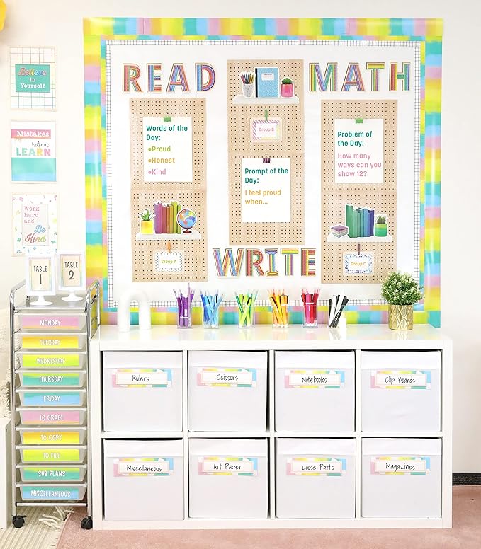 Carson Dellosa Creatively Inspired 31-Piece Subject Bulletin Board Set, Read, Write, and Math Bulletin Board Subject Signs for Bulletin Boards, Plant Décor, Books, and World Globe Cutouts
