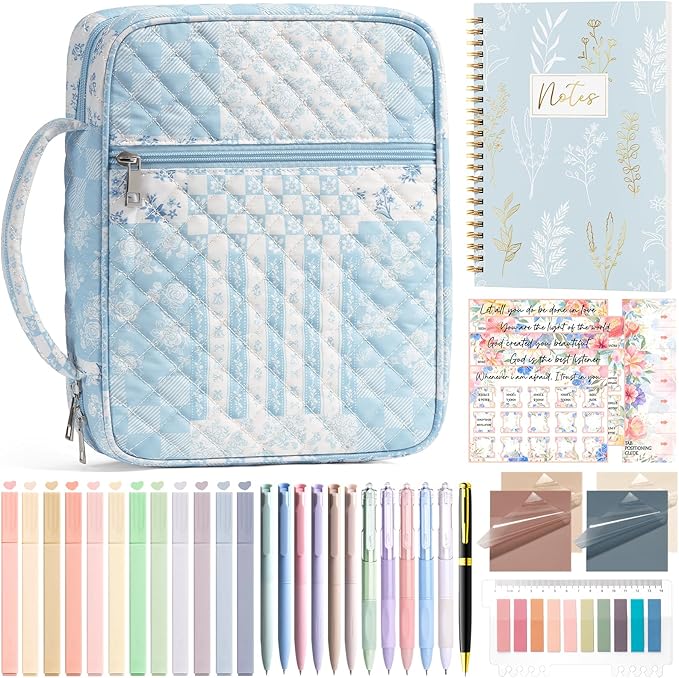 Bible Cover Case for Women Large Bible Bag, Bible Study Supplies Journaling Kit Quilted Church Bag with Handle, Puffer Book Carrying Case w/Tabs Accessories Mothers Day Christian Gifts for Women Mom