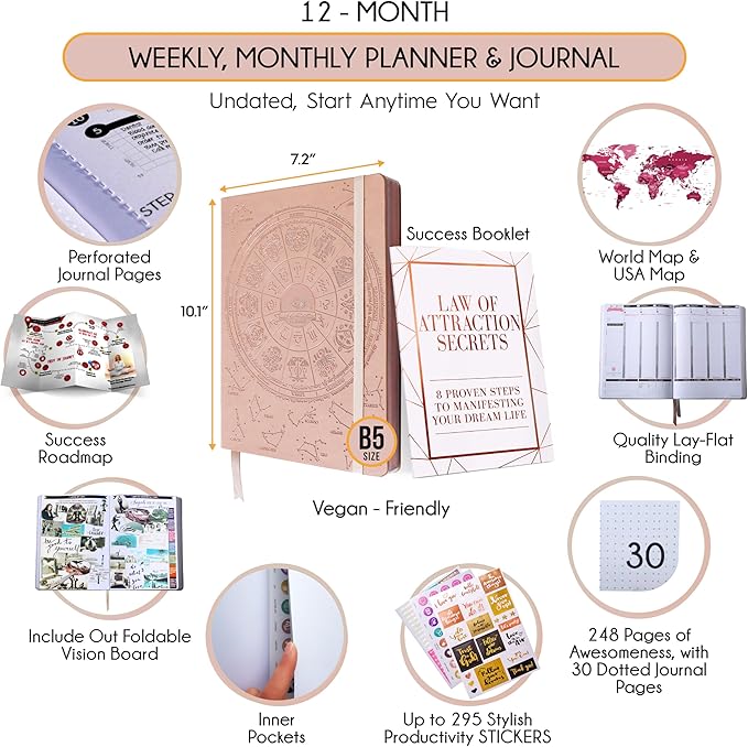 Deluxe Weekly and Monthly Planner | Law of Attraction Planner with Productivity App | 12-Month for Productivity, Gratitude & Goal Setting | Includes Foldable Vision Board, Gift Box & Stickers