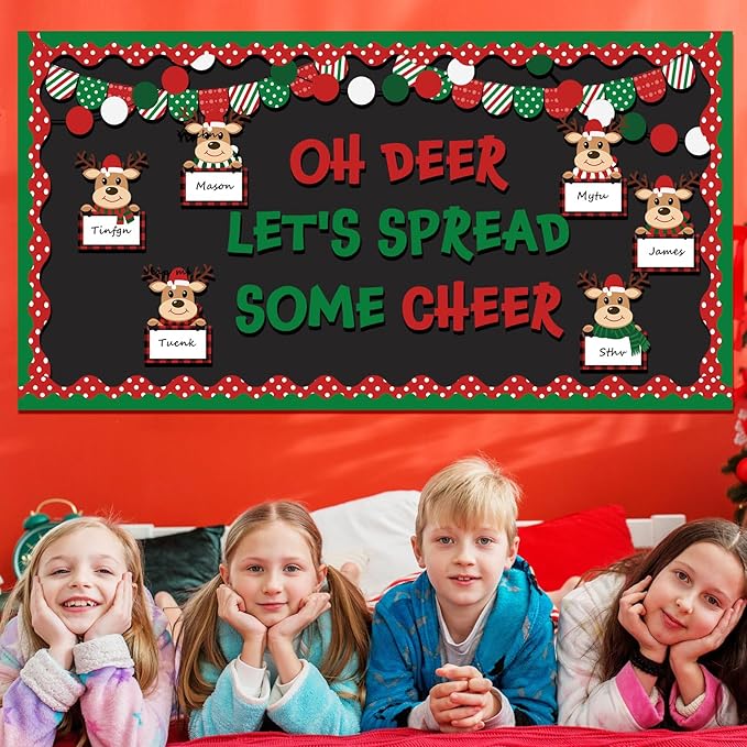Containlol 64 Pcs Christmas Bulletin Board Set Christmas Elk Classroom Bulletin Board Xmas Elk Paper Cutouts with Boarders for Winter Holiday Party Supplies Chalkboard School Classroom Decor