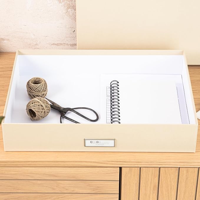 Bigso Sverker Fiberboard Legal/Art Storage Box - Scrapbook Storage Box for Papers, Photos, and More - Durable Keepsake Boxes with Lid and Metal Label Holder - 3.3in x 17.1in x 12.2in - Fawn