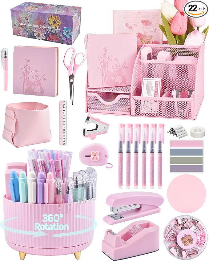 Pink Desk Accessories and Organizers with Desk Organizer and 360°Rotating Pen Holder stapler Pen and a Lot of Office Pink Office Supplies Beautifully Presented in a Gift Box