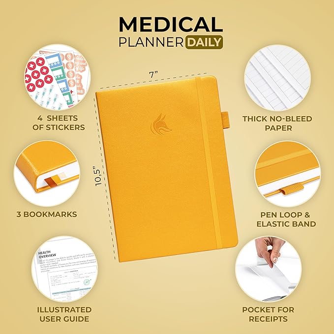 Clever Fox Medical Planner Daily – Health Diary Notebook, Wellness Journal & Self-Care Logbook, Lasts 3 Months, 7x10.5″ (Amber Yellow)
