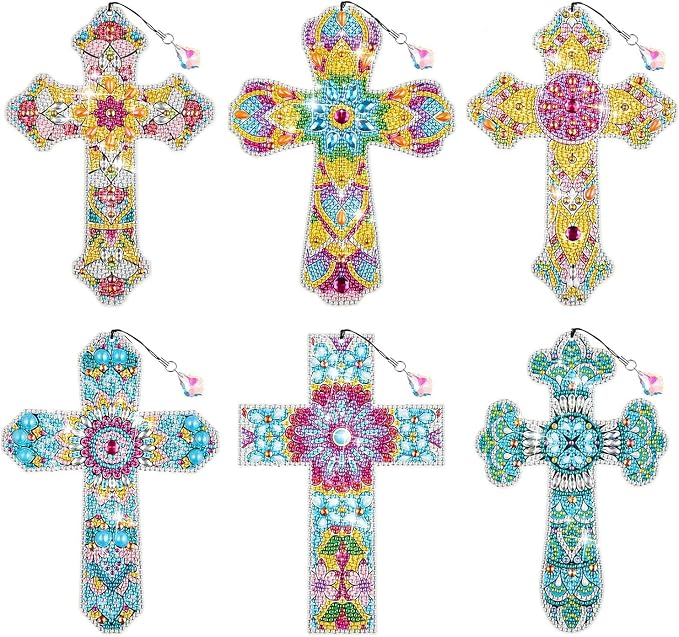VI-FA 6 Pcs Cross 5D Diamond Art Bookmarks for Adult DIY Painting Kit Christmas Religious Christians Gifts Crystal Cross Rhinestone Decor for Reading Lover Home Office DIY Crafts