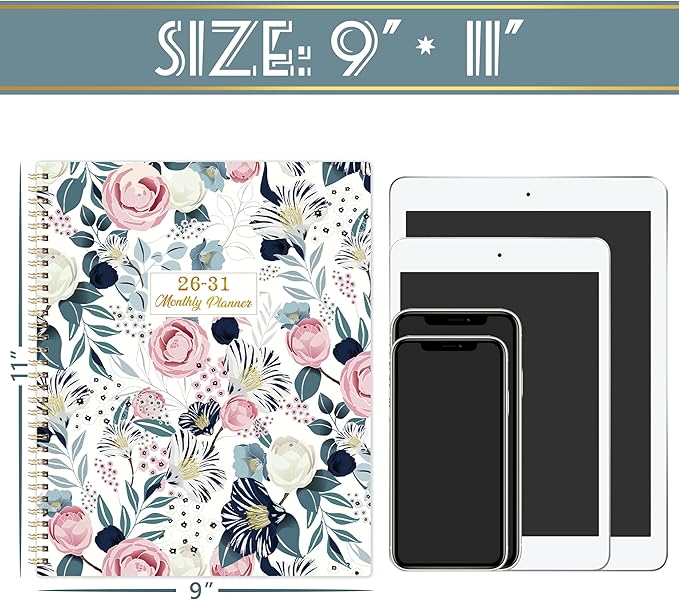 2026-2031 Monthly Planner - 5 Year Planner/Calendar 2026-2031 Spiral Bound, Jul. 2026 - Jun. 2031, 9" x 11", Twin-Wire Binding + Printed Tabs - Petunia