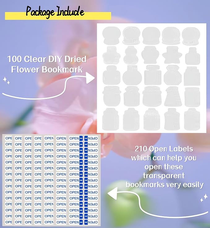 100Pcs Large Size Clear DIY Dried Flower Bookmark Kit Transparent Pressed Flower Bookmarks Set Homemade Plant Specimen Bookmark Clear Jars Stickers