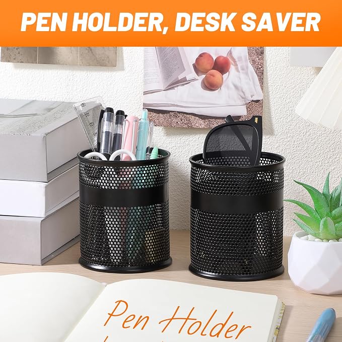 Segarty Pen Holder for Desk, 12 Pack Black Pencil Cup, Metal Desktop Pens Organizer, 3.3 x 3.9 inch Pencils Holder for Office Supplies Organization, School Classroom, Brush Storage