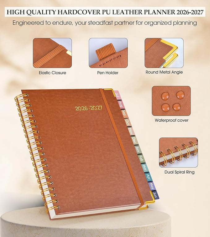 Academic Planner 2026-2027, Hardcover Leather Weekly and Monthly Calendar Planner from July 2026 - June 2027, A5 6.1" x 8.2" Daily Agenda with Tabs, College School Organizer for Student Teacher, Brown