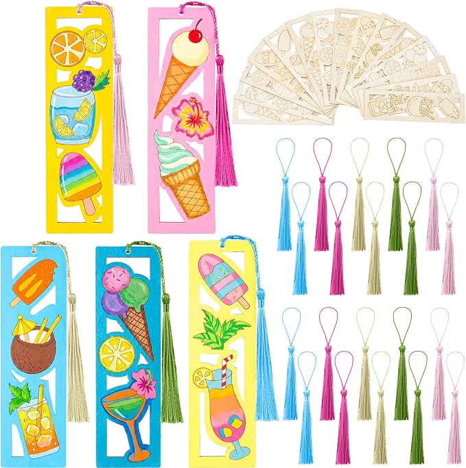 Yexiya 50 Sets Summer Ice Cream DIY Bookmarks Kit for Kids Bulk 100 Pcs Unfinished Wood Crafts with Tassels for Summer Camp Classroom Rewards and 2026 End of Year Student Gifts