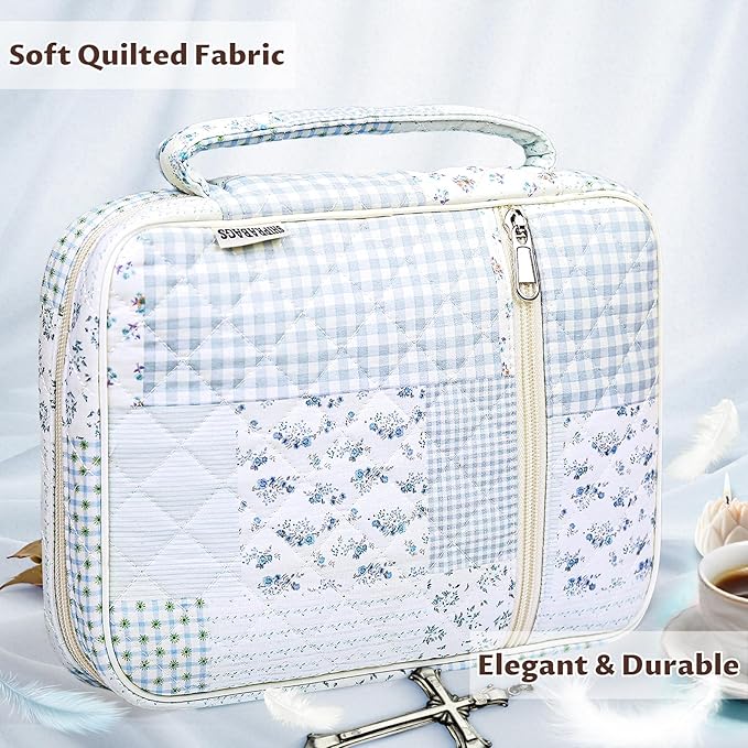 shirabags Quilted Bible Cover Case for Women - Elegant Cotton Bible Bag for Study, Church, Christian Gifts for Women(Green Blue pin, M)
