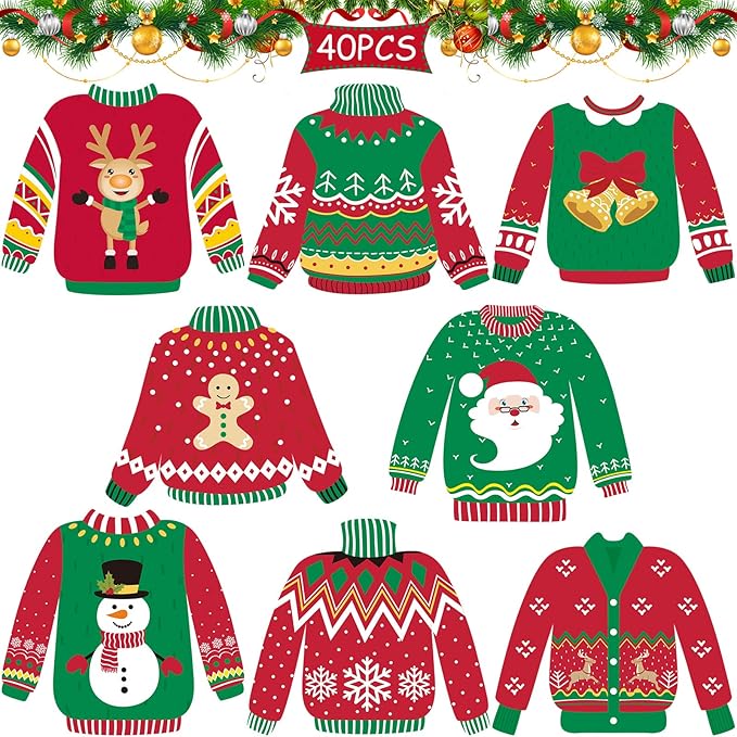 40 Pieces Ugly Sweater Cutouts Christmas Decoration Ugly Sweater Cardboard Cutouts with Glue Point Dots for Bulletin Board Party Holiday Party Decoration, 5.9 x 5.9 Inch