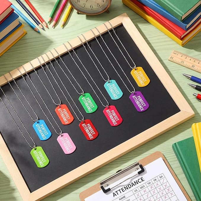 30 Sets Perfect Attendance Dog Tag Necklaces with Chains Student Incentives Acrylic Award Bulk Recognition Tag Education Rewards Prizes for School Classroom Teacher Supplies