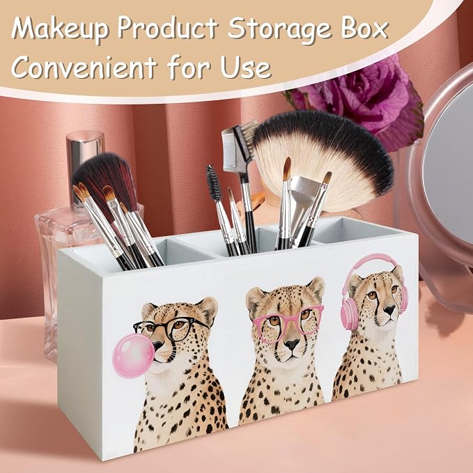 Trendy Funny Leopard Pen Pencil Holder Organizer for Desk, Cheetah Room Decor, Preppy Girly Y2k Aesthetic Cheetah Wooden Box Block Sign for Home Office Tabletop Decor