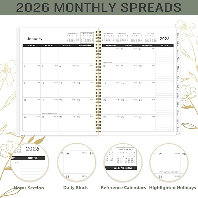 2026-2027 Monthly Planner - 2026 Monthly Planner, JAN. 2026 - DEC. 2026, 9" x 11", Tabs & Note Pages, Spiral Binding, Thick Paper, Back Pocket
