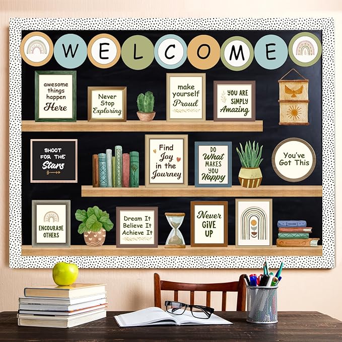 Welcome Back to School Bulletin Board Decorations, Boho Classroom Decor, Greenery Plant Bookshelf Inspirational Affirmation Cutouts for Teacher Welcome School Supplies Classroom Door Wall Decor