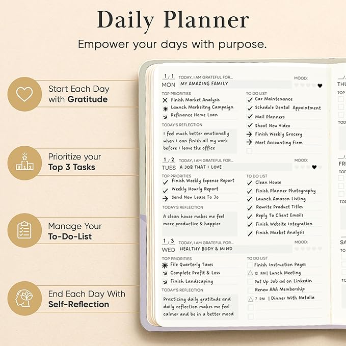 2026 Planner, Daily Journal & Gratitude Journal All-In-One with To Do List, Self Care Prompts & Habit Tracker - 5.8 x 8.3 - Evening