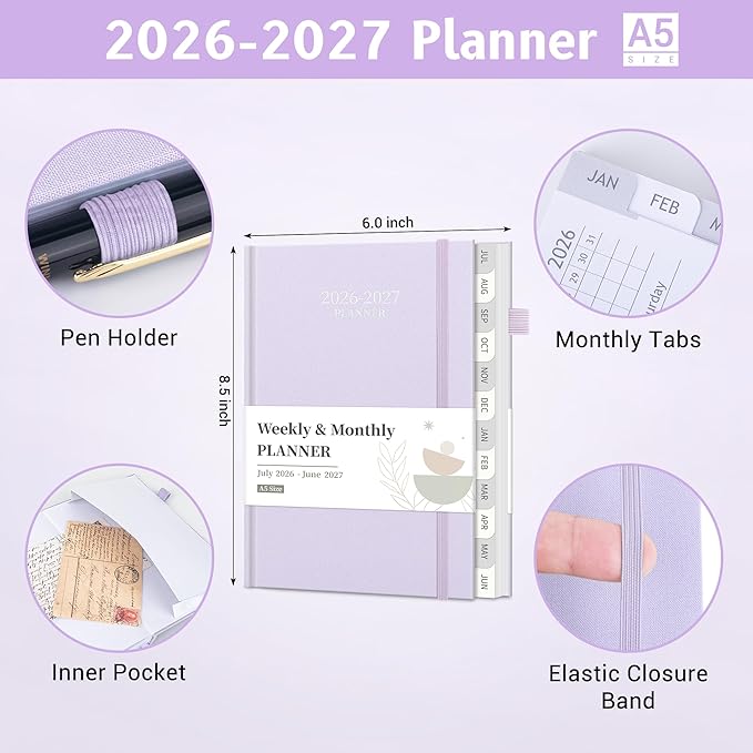 2026-2027 Planner, Weekly and Monthly Calendar Planner from July 2026 - June 2027, 6" x 8.5" Linen Hardcover Agenda Book with Tabs, Pen Holder, Inner Pocket for Office School, Purple