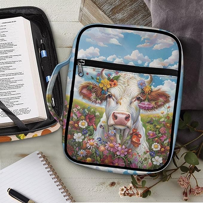 Suobstales Cow Daisy Flower Print Bible Covers for Women Men,Carrying Book Bible Case Church Bag Lightweight Bible Bag Bible Protective with Handle and Zippered Pocket
