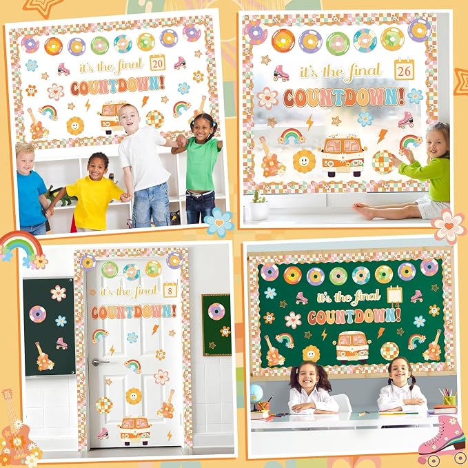 gisgfim Countdown to Summer Classroom Bulletin Board Decorations Set Groovy Hippie End of The Year Cutouts May It's The Final Retro Bulletin Board for Classroom Home Wall Decor Supplies