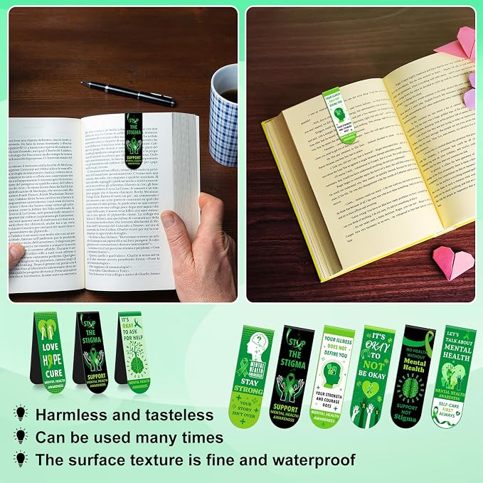 48 Pcs Mental Health Awareness Bookmarks Green Positive Psychology Affirmations Therapy Inspirational Magnetic Bookmarks Health Month Fundraiser Event Classroom Stationery Handout Supplies