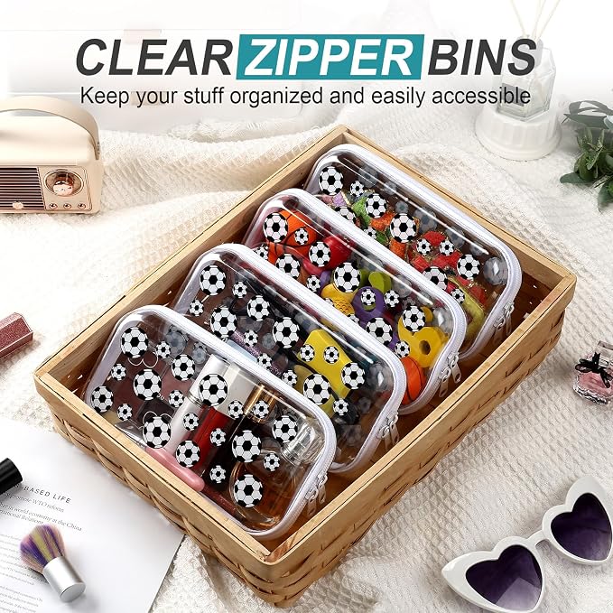 Hoolerry 4 Pcs Soccer Clear Hard Zipper Case Transparent Storage Pouch for Sports Party Favor Soccer Ball Team Gifts Durable Plastic Organizer Box Container for Travel, Office Supplies, Small Tools