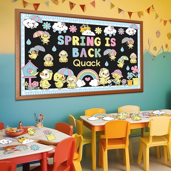 Spring is Back Bulletin Board Set Quack Duck Classroom Decoration Spring Bulletin Board Ducks Rainbow Cloud Photo Craft Cutouts for School Classroom Back to School Door Chalkboard Wall Decor
