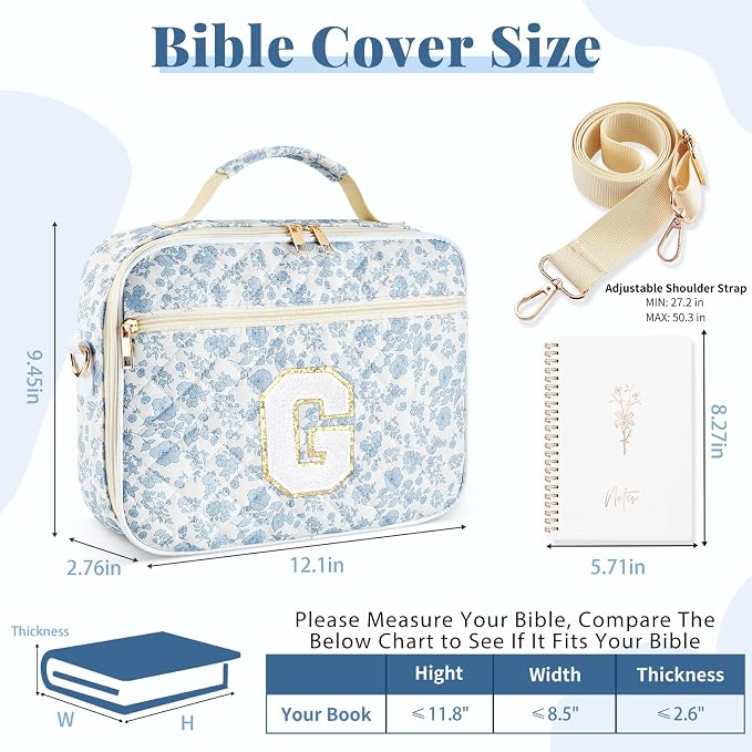 Personalized Initial Bible Cover Case for Women, Large Quilted Bible Bag with Durable Handle, Stylish Church Bag Journaling Kit with Study Supplies Accessories, Christians Gifts for Women (Blue-G)